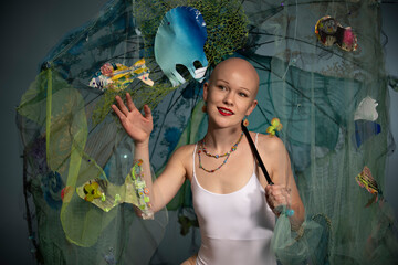 A bald woman poses artistically with a colorful fishnet adorned with faux fish, projecting creativity and boldness