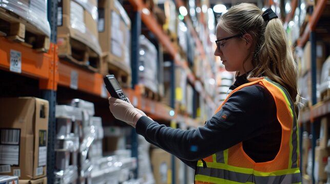 Efficient Inventory Management: Female Warehouse Worker Using Barcode Reader