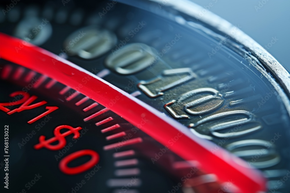 Poster a detailed view of a red and black clock, showcasing its intricate design and precise ticking mechan