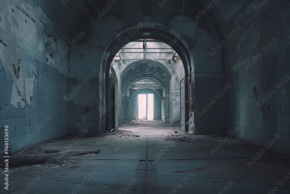 Poster a dimly lit tunnel with a bright light shining at the far end, creating a stark contrast between dar