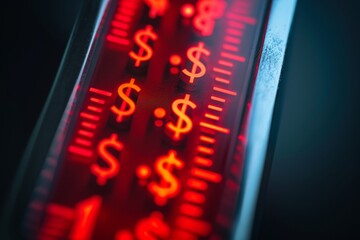A close up of a red light featuring dollar signs, representing financial decisions and wealth accumulation, Thermometer with dollar signs indicating rising prices, AI Generated