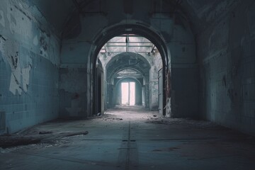 Fototapeta premium A dimly lit tunnel with a bright light shining at the far end, creating a stark contrast between darkness and illumination, Time portal opening in a deserted military installation, AI Generated