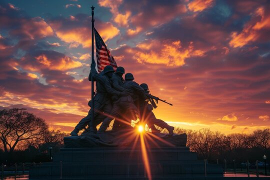 A group of soldiers stands on top of a monument, displaying unity and strength, The United States Marine Corps War Memorial (Iwo Jima Memorial) at sunset, AI Generated