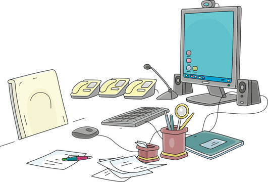 Work desk of a government official with a computer monitor, a webcam, special phones and other things for paper work of a functionary, vector cartoon illustration on a white background
