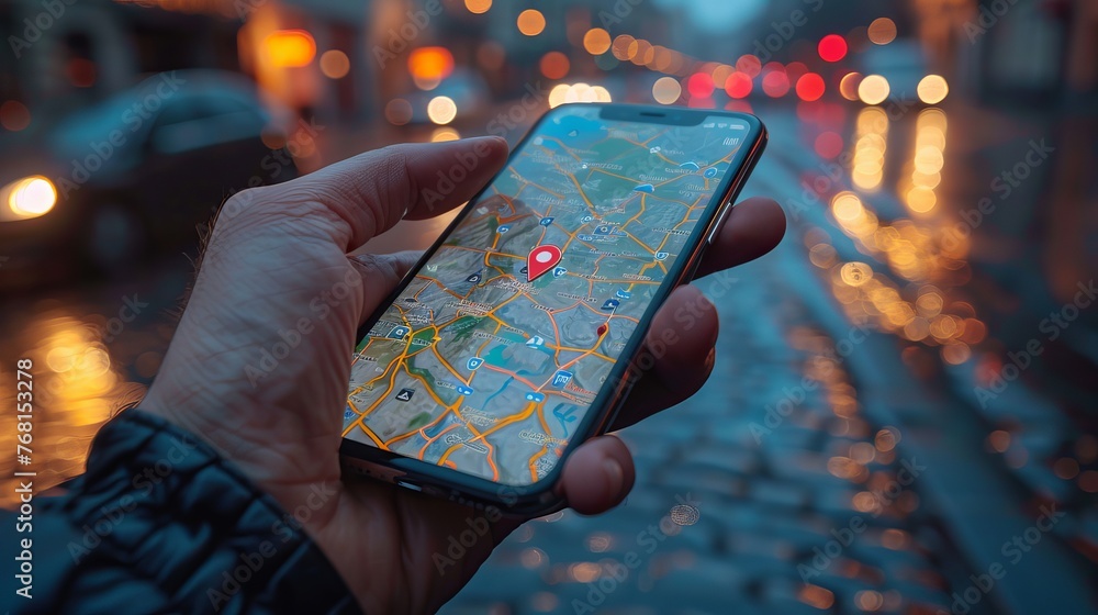 Aufkleber hand holding a smartphone with a local map displaying location red pins.