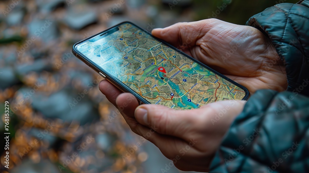 Aufkleber hand holding a smartphone with a local map displaying location red pins.