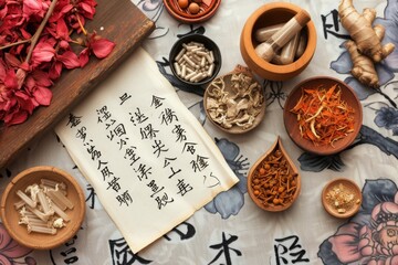 A table showcasing an array of bowls filled with various types of aromatic herbs, Traditional Chinese medicine items on a table, AI Generated
