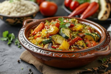 A bowl filled with a mixture of rice and vegetables placed on top of a table, Traditional Moroccan tagine with couscous and grilled vegetables, AI Generated