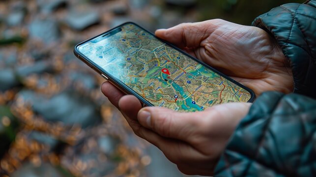 Hand holding a smartphone with a local map displaying location red pins.