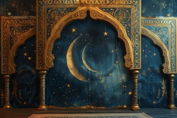 A painting depicting a crescent and stars on a blue wall, creating an elegant display of celestial motifs, Universe-themed backdrop with ornate Islamic decorations framing the edges, AI Generated