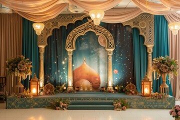 Naklejka premium A Decorated Stage With Lights and Curtains, Universe-themed backdrop with ornate Islamic decorations framing the edges, AI Generated