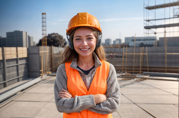 Young female engineer in hard hat and safety vest radiates expertise and leadership at a bustling urban construction project - 768153494