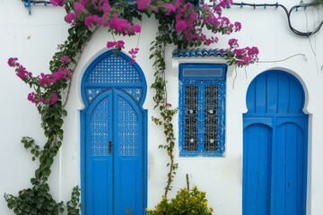 Fototapeta na wymiar A striking electric blue building with a white facade, featuring a beautiful azure door. The symmetry of the arabic, turkish architecture is enhanced by the arched windows and font