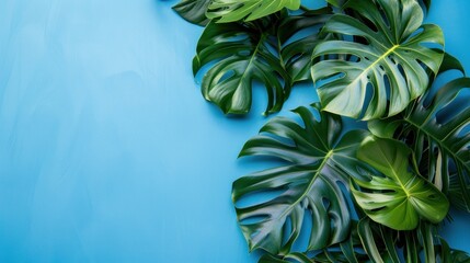 Fototapeta na wymiar Monstera summer tropical leaves isolated on blue background. AI generated image
