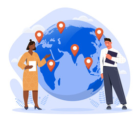 Global business expansion concept. Man and woman near globe with gps pins. Globalization, international import and export. Collaboration and cooperation. Cartoon flat vector illustration