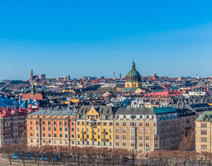 Fototapeta na wymiar Stockholm old town - Ostermalm, next to Gamla stan. Aerial view of Sweden capital. Drone top panorama photo