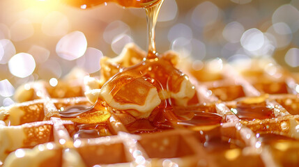 freshly baked waffles close up texture with maple or golden syrup