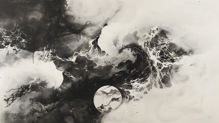 Black ink wash painting of a landscape with Japanese oriental style.