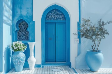 A striking electric blue building with a white facade, featuring a beautiful azure door. The symmetry of the arabic, turkish architecture is enhanced by the arched windows and font
