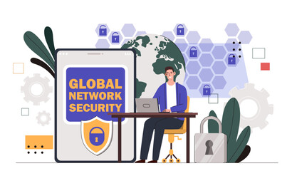 Global network security concept. Man with laptop and smartphone with protection and safety of personal information. Young guy with dangeruos on internet. Cartoon flat vector illustration