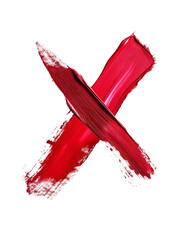 X mark painted with red lipstick, isolated, transparent background, red