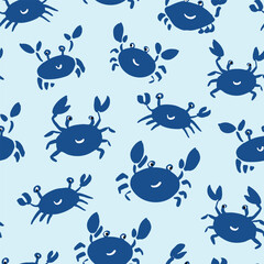 Vector repeating pattern with funny navy crabs on light blue background. Coastal, swim, poolside, crab seafood restaurant backdrop © Pattern_Talent