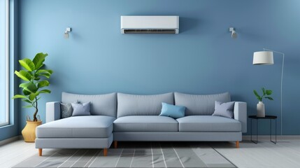 Blue living room with gray sofa and air conditioner on wall - 3D Rendering - Powered by Adobe