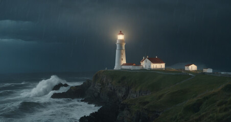 Lighthouse on the coast at rainy night - Generative AI