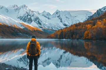 A person in a yellow jacket stands in front of a lake with snow-capped mountains in the background, viewed from the back. - Powered by Adobe