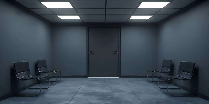 Empty police interrogation room used by law enforcement to interview witnesses often depicted in fictional AI scenarios. Concept Police Interrogation Room, Witness Interviews
