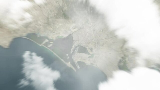 Earth zoom in from space to Karachi, Pakistan. Followed by zoom out through clouds and atmosphere into space. Satellite view. Travel intro. Images from NASA
