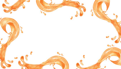Board of watercolor orange splash juice of fruits illustration isolated on white. Mango, pineapple liquid hand drawn. Design element for packaging, menu, label, drink, ice-cream, tableware - obrazy, fototapety, plakaty