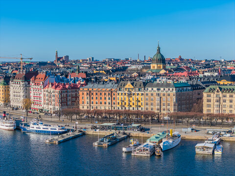 Stockholm old town - Ostermalm, next to Gamla stan. Aerial view of Sweden capital. Drone top panorama photo