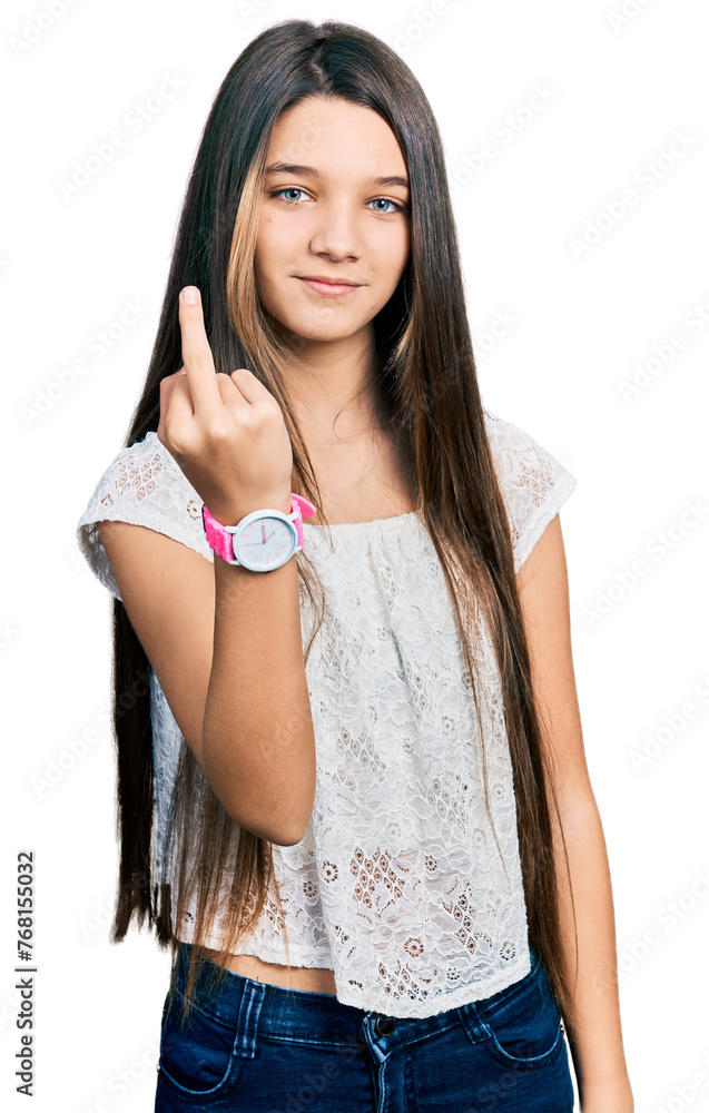 Poster young brunette girl with long hair wearing white shirt showing middle finger, impolite and rude fuck