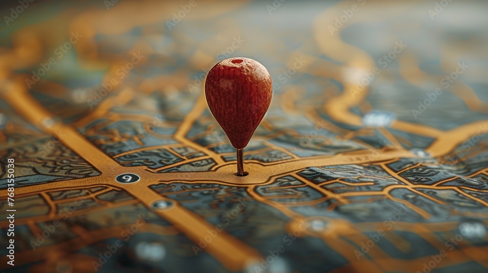 Poster illustration portraying location marking with a pin on a map with routes, representing themes of adv