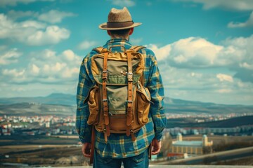 A man wearing a hat and a plaid shirt is standing on a hill with a backpack. The sky is blue and there are clouds in the background. The man is enjoying the view and taking in the scenery, viewed from