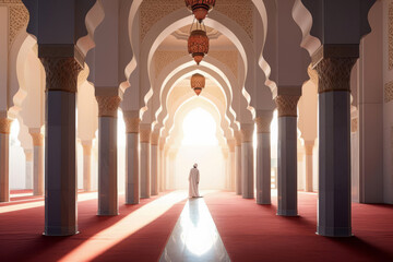 White columns in an Islamic mosque and a woman in white clothes