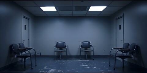 Empty police interrogation room commonly portrayed in fictional AI scenarios. Concept Police Interrogation Room, Fictional AI Scenarios - obrazy, fototapety, plakaty