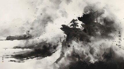 Black ink wash painting of a landscape with Japanese oriental style. - obrazy, fototapety, plakaty