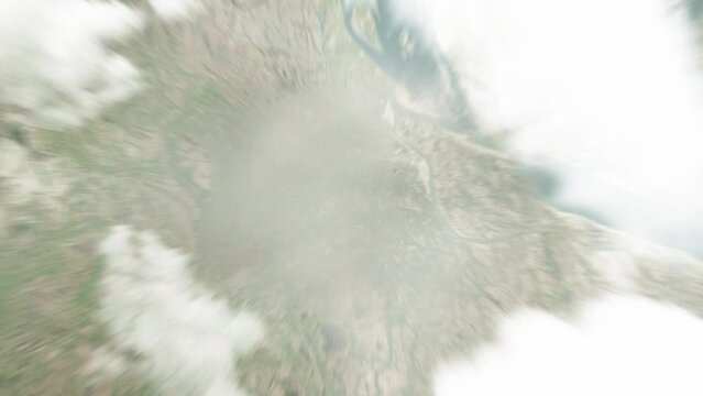Earth zoom in from space to Faridpur, Bangladesh. Followed by zoom out through clouds and atmosphere into space. Satellite view. Travel intro. Images from NASA
