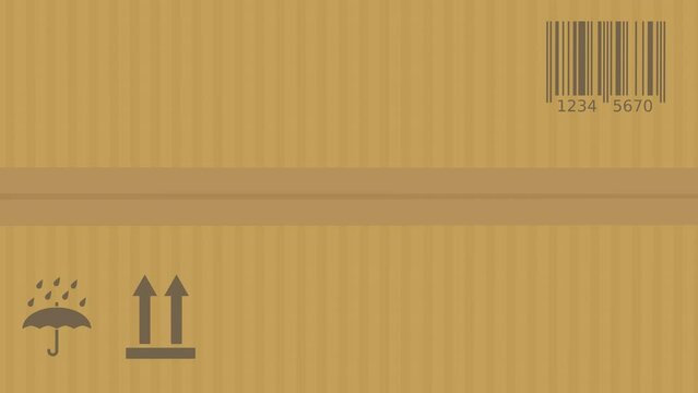 Transition animation of a closed cardboard package opened by a hand cutting the tape with a yellow cutter to open the box on a green background, a transparent background and alpha channel (flat design