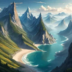 Gordijnen Majestic mountains meeting the vast sea, a breathtaking vista of natural beauty captured in stunning  © Tanveer