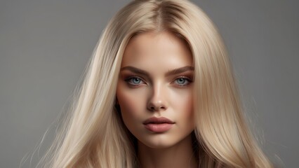 Fototapeta premium Blonde woman with shiny smooth healthy hair with straight hair and glowing, white skin natural beauty, hair and skin care products