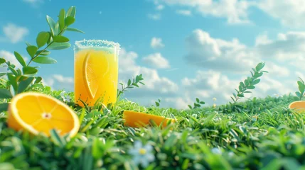 Gardinen Glass of Orange Juice on Lush Green Field © MIKHAIL