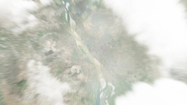 Earth zoom in from space to Monywa, Myanmar. Followed by zoom out through clouds and atmosphere into space. Satellite view. Travel intro. Images from NASA