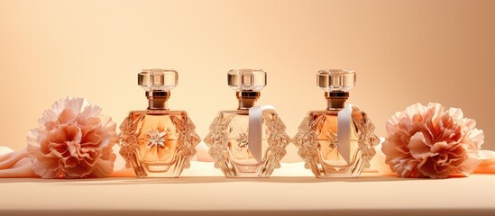 A group of three elegant perfume bottles sit neatly arranged on top of a table, showcasing their exquisite design and luxury feel against a beige background.