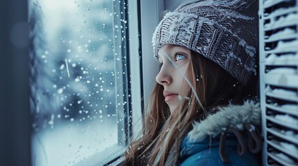 Frozen girl under a powerful air conditioner