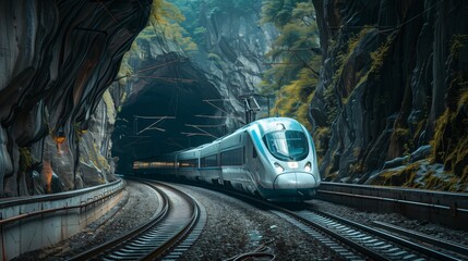 Naklejka premium High-Speed Train Passing Through Forest Tunnel