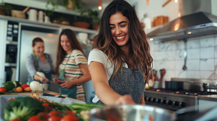 A young woman enthusiastically prepares food with her friends in a modern kitchen, laughter and chatter filling the air as they chop vegetables, stir pots, and share cooking tips.