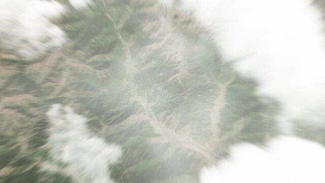 Earth zoom in from space to Paro, Bhutan. Followed by zoom out through clouds and atmosphere into space. Satellite view. Travel intro. Images from NASA